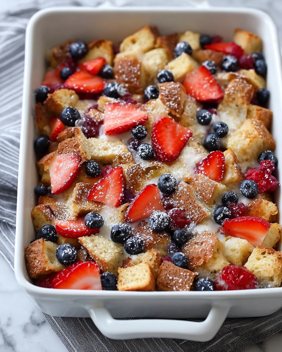 This image shows a white rectangular baking dish filled with a baked bread pudding topped with scattered fresh red strawberry slices and small dark blueberries. The bread pieces are golden brown with a slightly crispy texture, and the fruits add bright red and deep blue colors on top. The entire dish is lightly dusted with white powdered sugar. Two small clear bowls filled with more whole strawberries and blueberries are placed on the right side, while a gray and white striped cloth cloth is on the upper left corner. The dish is set on a white marbled surface. Photo taken with an iphone --ar 4:5 --v 7