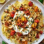 Chicken Spaghetti with Burrata, Roasted Cherry Tomatoes, and Lemon Butter Garlic Sauce Recipe