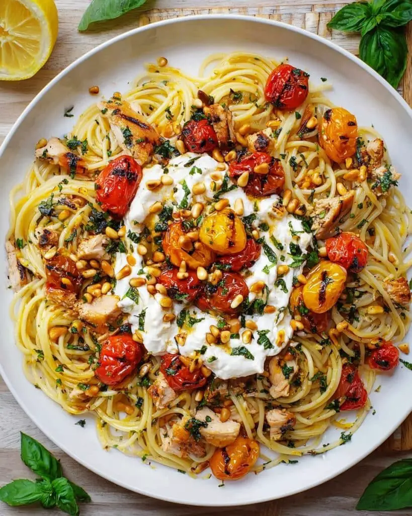 Chicken Spaghetti with Burrata, Roasted Cherry Tomatoes, and Lemon Butter Garlic Sauce Recipe