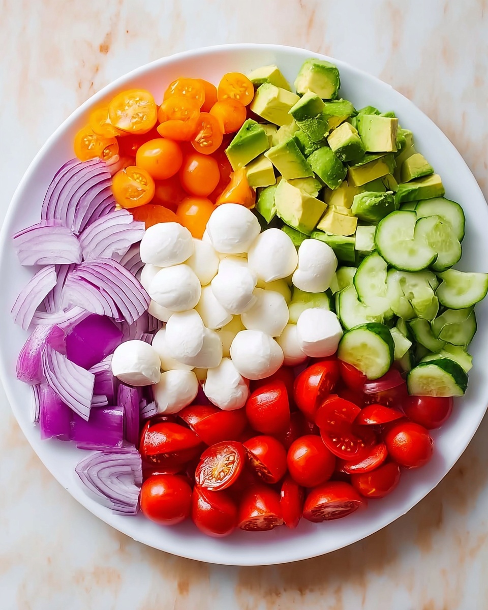 A white round plate holds six separate layers of food arranged in a circle on a white marbled surface. Starting from the top right and moving clockwise: bright green diced avocado pieces; orange cherry tomato halves; white small mozzarella balls clustered in the center; light green cucumber slices with dark green edges; bright red halved cherry tomatoes; purple and white sliced red onion pieces. The colors are fresh and vibrant, with clear separation between each layer. Photo taken with an iphone --ar 4:5 --v 7