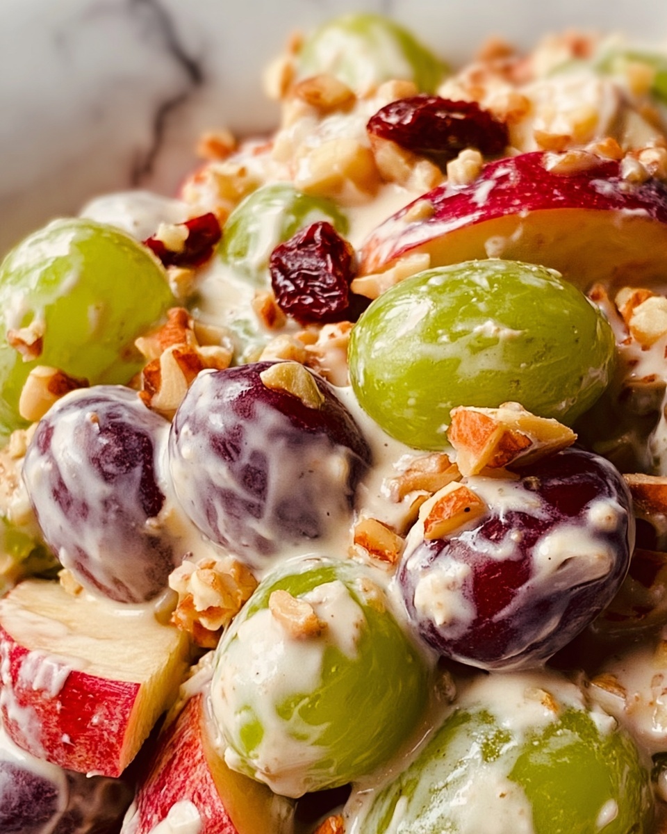 This close-up image shows a mixed fruit and nut salad with a creamy dressing. The dish has large green and purple grapes covered in a thick, light-colored dressing, with thin slices of red apple layered evenly throughout. Small pieces of chopped nuts are sprinkled on top, adding texture and contrast with their golden-brown color. There are also some small dried red fruits mixed in. The background is a white marbled texture which highlights the vibrant and fresh colors of the ingredients. photo taken with an iphone --ar 4:5 --v 7