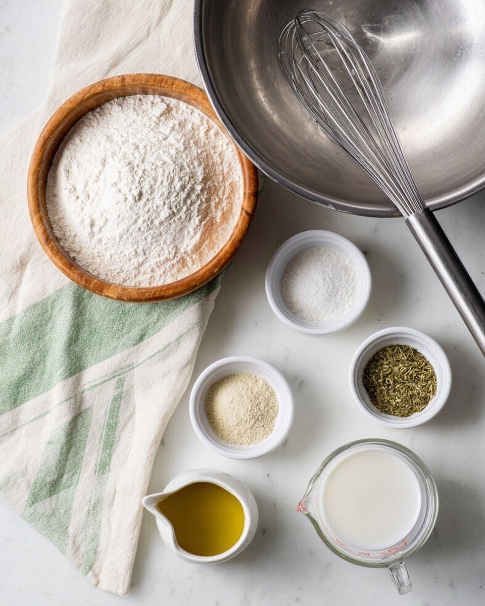 The image shows a top view of a white marbled surface with several baking ingredients and tools arranged neatly. On the left side, there is a wooden bowl filled with white flour on top of a light cloth with green and beige stripes. Above the bowl is an empty shiny metal mixing bowl. To the right of the metal bowl is a large metal whisk. Next to the whisk, there are three small white bowls, each holding different dry ingredients: one has greenish dried herbs, another light beige powder, and the third a fine white grainy substance. Below these bowls is a small white pitcher with golden olive oil, and on the bottom right, a clear glass measuring cup contains a white liquid, likely milk. The whole setup is bright and clean, ready for baking ingredients to be mixed photo taken with an iphone --ar 4:5 --v 7