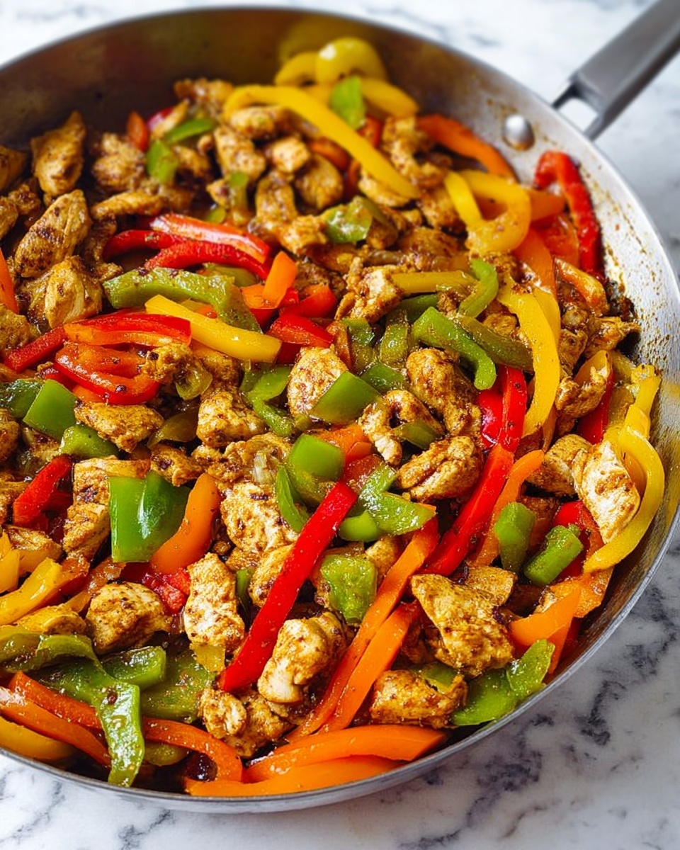 A close-up view of a metal skillet filled with cooked pieces of lightly browned chicken mixed with colorful bell pepper slices. The dish has three main layers: the base layer is a mix of bright orange, yellow, and red bell pepper strips scattered across the bottom, the middle layer consists of small chunks of green peppers spread evenly, and the top layer features irregularly shaped, cooked chicken pieces with a slightly spiced, golden-brown texture. The skillet is on a white marbled surface, and the colors create a vibrant and appetizing look. photo taken with an iphone --ar 4:5 --v 7