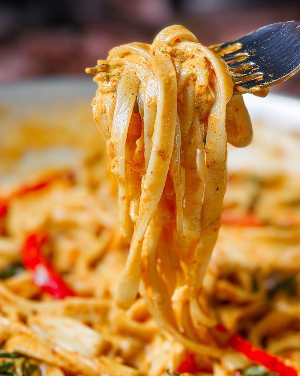 The image shows a close-up of long, flat noodles coated in a creamy, orange-colored sauce, lifted by a fork. The noodles have a smooth texture and are coated evenly with the sauce that has a slight speckle of spices. In the background, there are visible pieces of red and green vegetables mixed with the noodles in a white pan. The overall scene captures the noodles in sharp focus with the pan blurred softly behind them. The photo has warm, bright lighting that highlights the noodles’ creamy texture. photo taken with an iphone --ar 4:5 --v 7