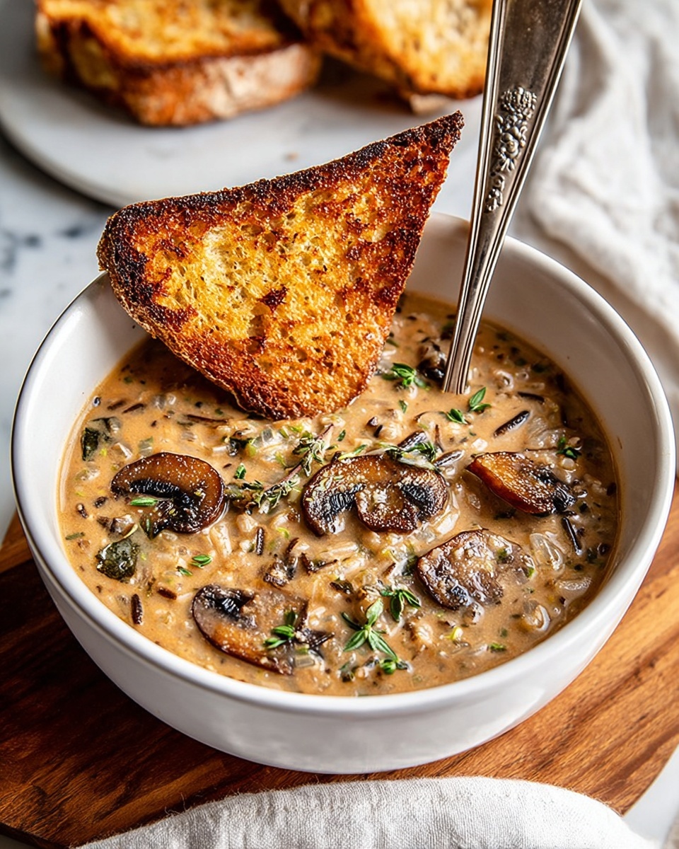 A close-up of a white bowl filled with creamy mushroom soup that has visible slices of brown mushrooms and green herbs mixed throughout. A toasted slice of brown bread with a crisp golden-brown surface is being dipped into the soup by a woman's hand. A silver spoon stands upright inside the soup, resting on the side of the bowl. In the background, there is a second white bowl also filled with the same soup on a wooden board, with more pieces of toasted bread scattered around. The scene sits on a white marbled textured surface with a slightly crumpled white cloth nearby. Photo taken with an iphone --ar 4:5 --v 7