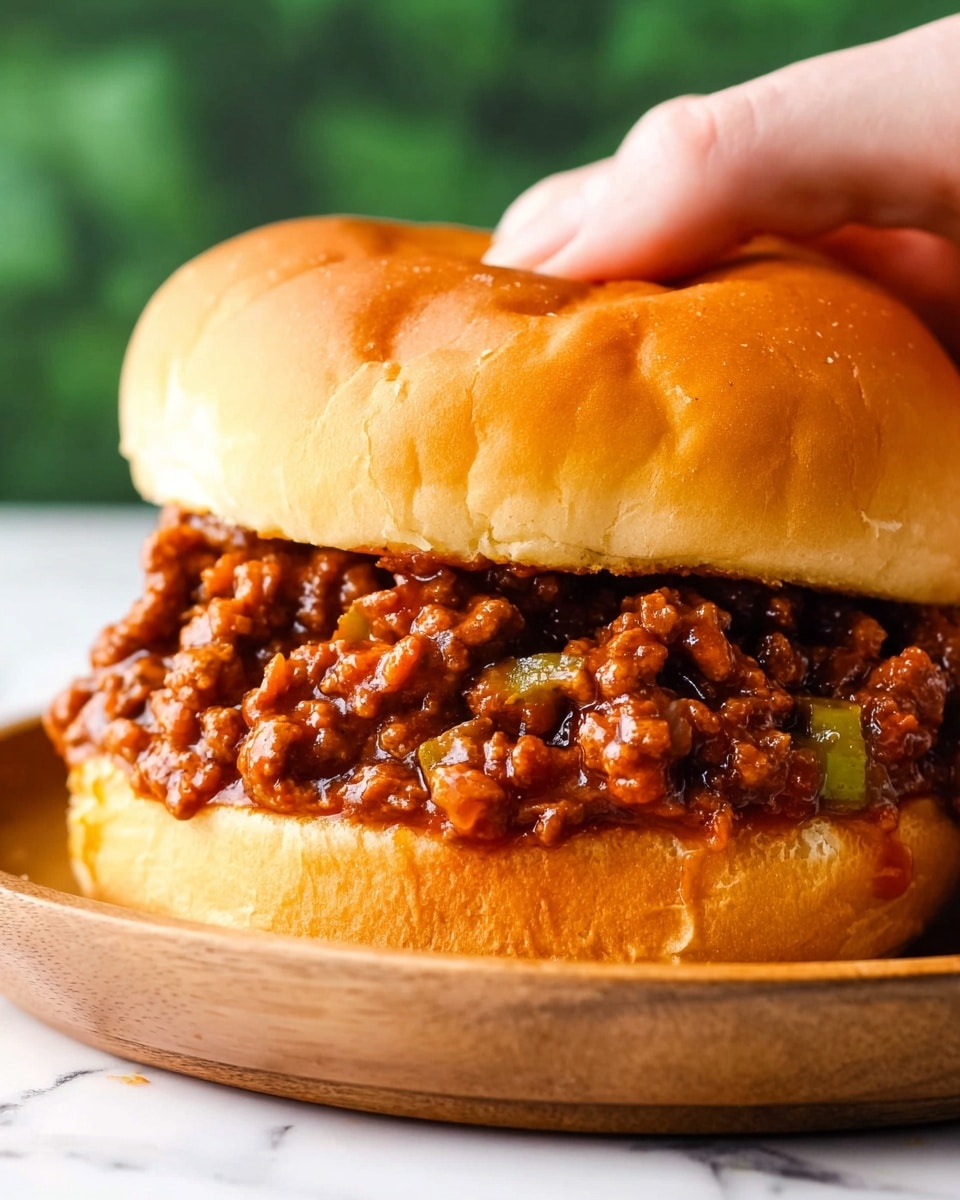The image shows a close-up of a sloppy joe sandwich held by a woman's hand on the top bun. The sandwich consists of a soft, golden brown top bun pressing down on a thick layer of rich, chunky ground meat mixed with sauce and small bits of green peppers, all sitting on a soft, slightly toasted bottom bun. The sandwich is placed on a round white plate that sits on a white marbled surface, with a blurred green background in the distance. Photo taken with an iphone --ar 4:5 --v 7