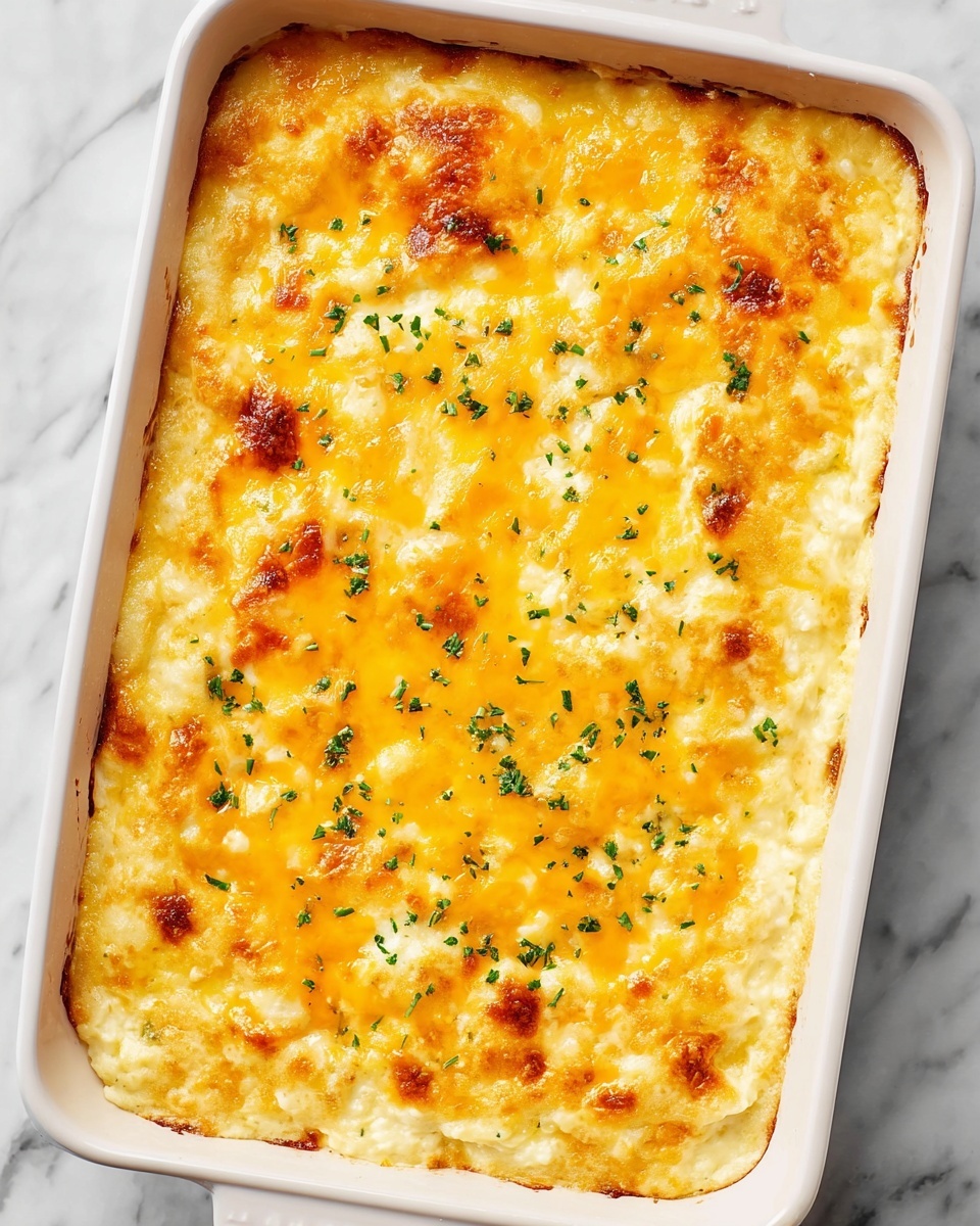A creamy baked casserole in a white rectangular dish with a golden-yellow melted cheese layer on top, sprinkled with small bits of green herbs. The cheese layer has a slightly bubbly and textured surface with some golden brown spots around the edges, contrasting with a smooth creamy base underneath. The dish sits on a white marbled surface. photo taken with an iphone --ar 4:5 --v 7