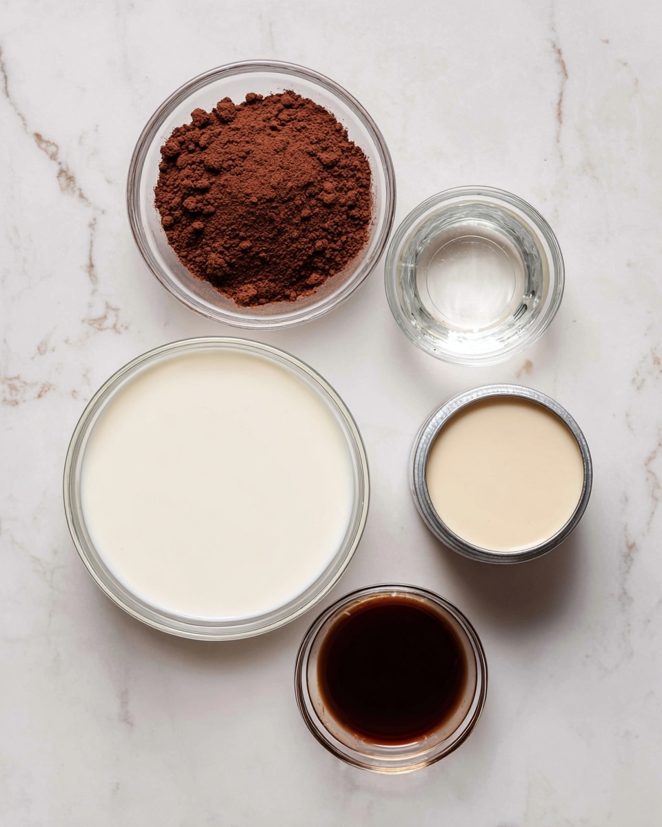 The image shows five clear glass bowls placed on a white marbled surface. The largest bowl at the bottom left contains a smooth, thick white liquid. Above it to the left is a medium-sized bowl filled with dark brown cocoa powder that has a dry and slightly clumpy texture. To the right of the cocoa powder is a small bowl with clear water. Below that is an even smaller bowl filled with a dark brown liquid resembling vanilla extract. To the right, there is a silver can with the top removed, showing a thick, pale beige liquid inside. The arrangement is simple and neat, with each bowl clearly visible. Photo taken with an iphone --ar 4:5 --v 7