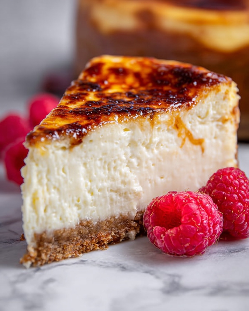 The image shows a slice of cheesecake with a thick, smooth creamy layer topped with a shiny, caramelized golden-brown sugar crust that has small burnt spots, giving it a crisp look. On top of the crust sits a bright red raspberry with a textured surface. The white plate beneath has a subtle embossed pattern and holds at least four other raspberries around the cheesecake slice. The whole scene is set on a white marbled textured surface. Photo taken with an iphone --ar 4:5 --v 7