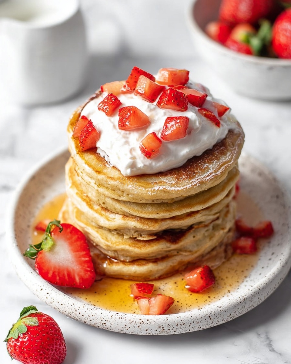 Three small light brown pancakes with red strawberry slices cooked into them form the base layer on a white speckled plate. On top of the pancakes are shiny diced red strawberry pieces spread unevenly, with a dollop of white whipped cream on the right side. A whole strawberry, cut in half showing its red inside and green leaves, sits at the top edge of the plate. Around the plate on a white marbled surface are whole and halved strawberries, with drops of golden syrup scattered. In the top right corner, part of a white pitcher with dark syrup is visible. Photo taken with an iphone --ar 4:5 --v 7