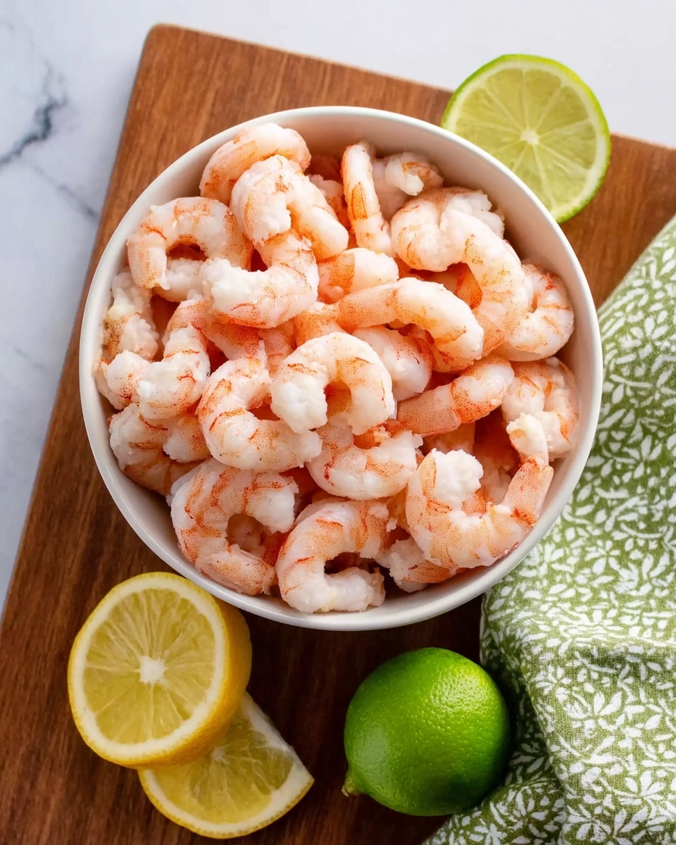 A white bowl full of small cooked shrimp with a light pink and white color, showing soft and smooth texture, placed on a brown wooden board. Next to the bowl, there are two lemon wedges with a bright yellow color and a round green lime on the board. A green patterned cloth is under the bowl and lemon wedges. The background has a clean white marbled surface. photo taken with an iphone --ar 4:5 --v 7