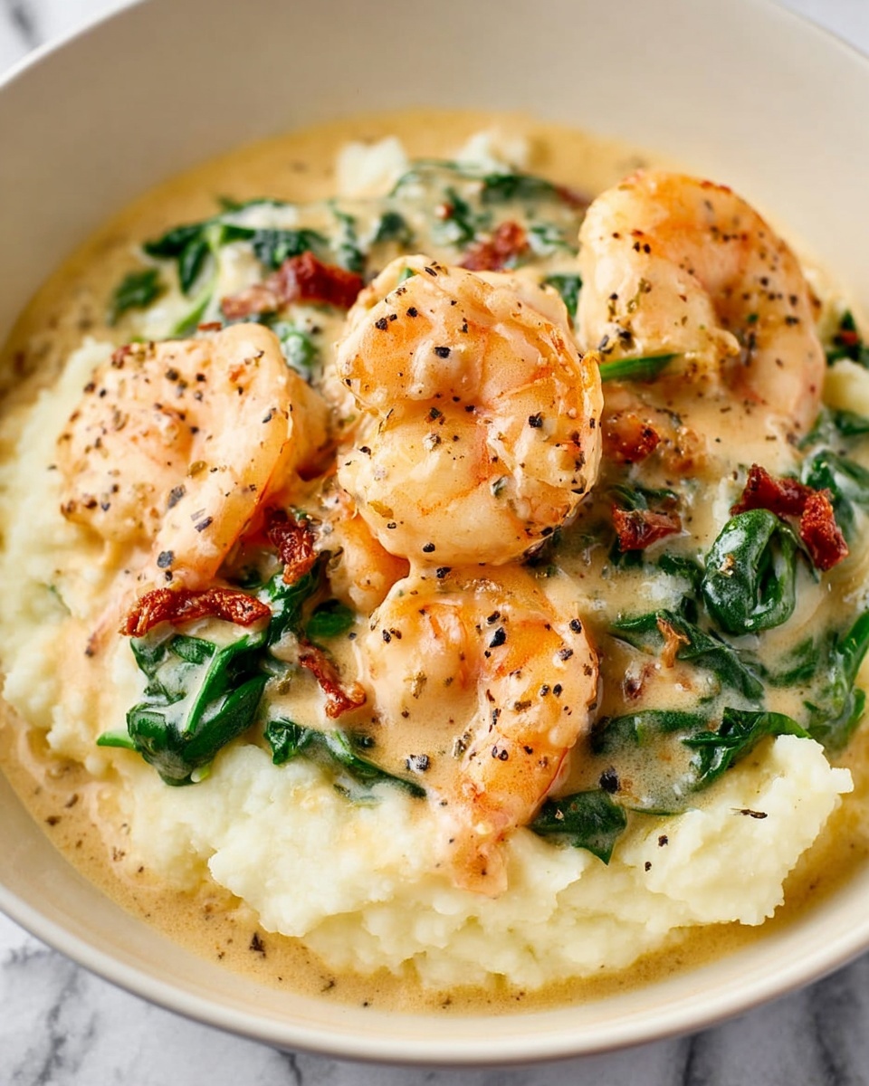 A close-up view of a dish in a white bowl showing three layers: the bottom layer is smooth white mashed potatoes, the middle layer is bright green cooked spinach mixed with small pieces of reddish-brown sun-dried tomatoes, and the top layer is several pink-orange shrimp covered in a creamy light beige sauce with black pepper specks. The sauce lightly coats the shrimp and vegetables, creating a shiny, slightly thick texture. The background surface is white marbled texture. Photo taken with an iphone --ar 4:5 --v 7