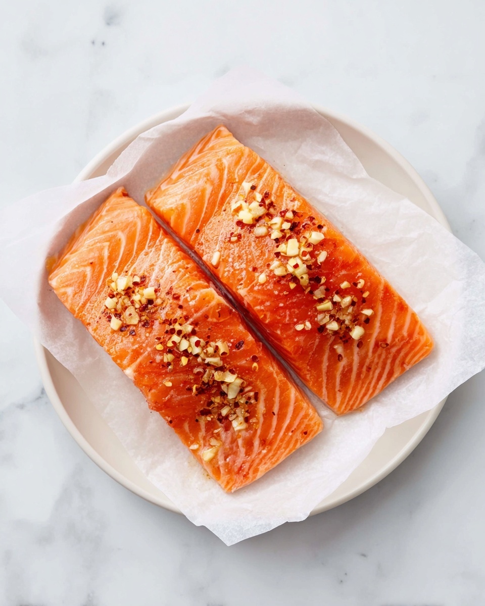 Two pieces of raw salmon fillets sit side by side on a white plate lined with parchment paper. Each fillet is a bright orange color with visible white lines of fat. They are topped with small chopped garlic pieces scattered across the surface and sprinkled lightly with red spices. The plate is placed on a white marbled surface. photo taken with an iphone --ar 4:5 --v 7