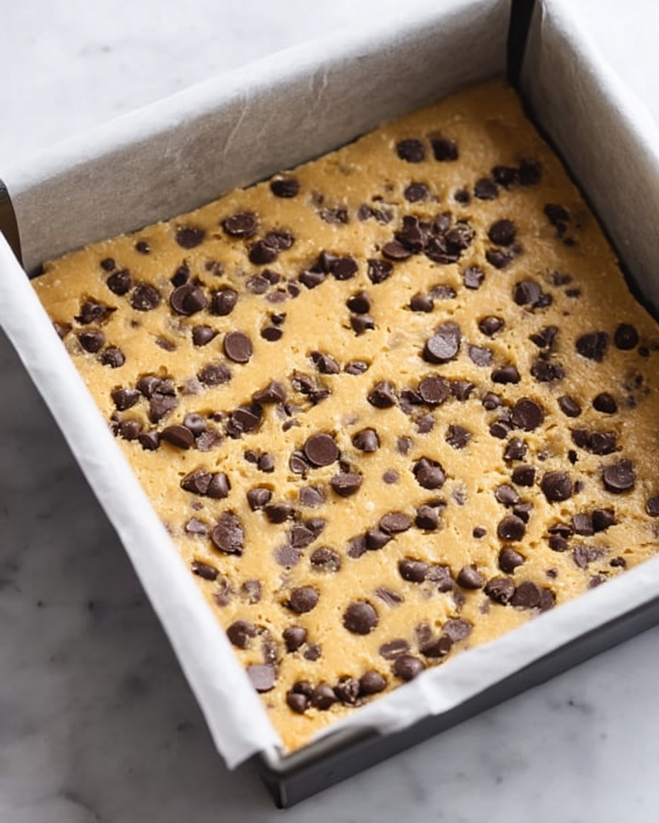 A close-up view of an unbaked rectangular bar cookie dough with dark chocolate chips spread evenly throughout the thick golden dough layer, pressed flat and filling the bottom of a square metal baking pan lined with parchment paper, all placed on a white marbled surface. photo taken with an iphone --ar 4:5 --v 7