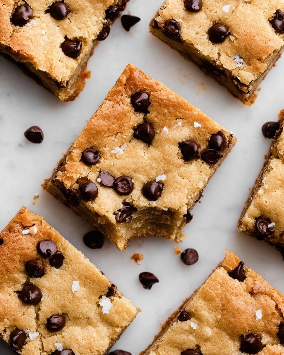 The image shows several square pieces of light golden brown cookie bars with a slightly cracked surface, studded with shiny dark chocolate chips evenly spread on top and inside. Some bars have a few grains of white sea salt visible on the surface, adding texture. One bar near the center has a small bite taken out, revealing soft and dense layers inside with melted chocolate chips. The bars are placed directly on a white marbled background, creating a clean and simple look. photo taken with an iphone --ar 4:5 --v 7