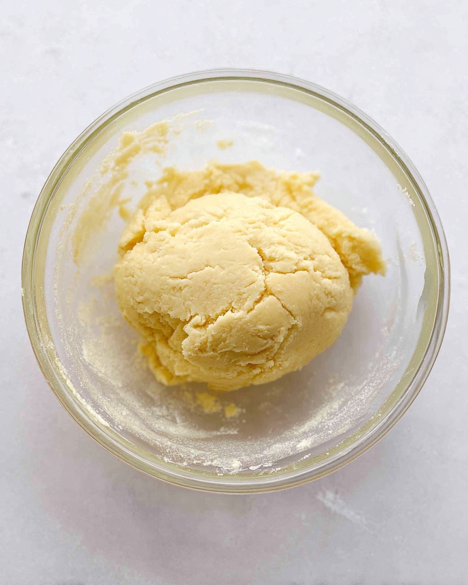 A clear glass bowl with a ball of light yellow dough inside it is set on a white marbled surface. The dough looks soft and slightly crumbly with small cracks visible on its surface. The bowl is mostly clean with only a few traces of dough stuck to the sides, showing a smooth texture around the dough ball. The shot is from above, focusing closely on the dough with the whole bowl visible. photo taken with an iphone --ar 4:5 --v 7