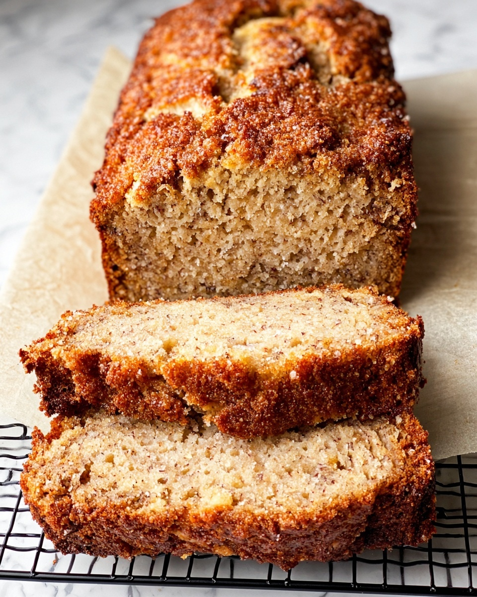 A close-up view of a loaf of banana bread with a golden brown, crunchy top layer that looks sugary and crisp. The inside shows a soft, textured crumb with small banana pieces visible throughout, giving a light tan color with tiny darker spots. The loaf is placed on parchment paper on a black cooling rack, set against a white marbled surface. The bread is sliced at the front, showing thick slices with the same moist, grainy texture inside. Photo taken with an iphone --ar 4:5 --v 7