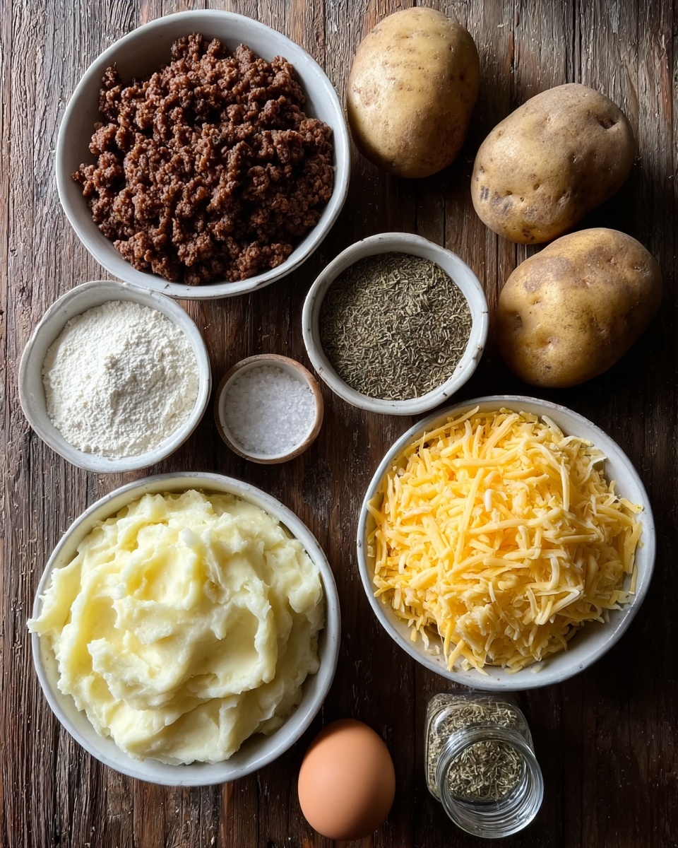 The image shows a wooden table with several bowls and ingredients arranged neatly. There are two small white bowls filled with shredded yellow cheese placed near the center right. On the left side, a white bowl holds creamy mashed potatoes with smooth texture. Above it, a white bowl contains cooked ground meat, dark brown and crumbly. Next to the cheese, two whole raw potatoes and one garlic bulb lie on the table. A small white bowl holds flour, powdery and white, next to the potatoes. Nearby, a tiny bowl with coarse salt and a glass jar of dried herbs are also visible. A brown egg sits in the front center of the image. The background is changed to a white marbled texture. photo taken with an iphone --ar 4:5 --v 7