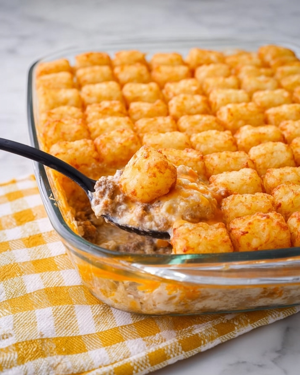 The image shows a glass dish filled with a layered tater tot casserole. The top layer is made of evenly placed golden-brown tater tots with a crispy texture. Below the tater tots, a creamy layer is visible, likely made from cheese sauce mixed with ground meat and vegetables, giving it a soft and creamy texture in a light beige color. The dish is sitting on a yellow and white checked cloth over a white marbled surface. A black spoon is scooping out a portion of the casserole from the side, revealing the thick layers inside. Photo taken with an iphone --ar 4:5 --v 7