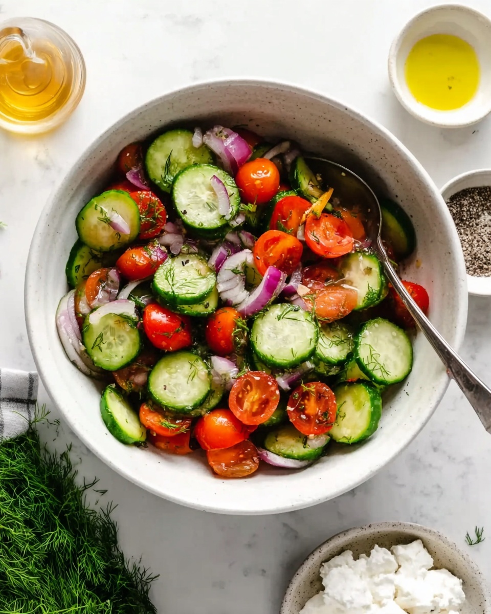 A white bowl filled with a fresh salad made of sliced green cucumbers, halved bright red cherry tomatoes, and small pieces of finely chopped purple onions. The textures show the smooth cucumber skin, glossy tomato surfaces, and tiny onion bits mixed throughout. A silver spoon rests inside the bowl, slightly buried in the salad. Around the bowl, there are small dishes containing coarse salt, black pepper, a white bowl with cottage cheese, a small glass with yellow olive oil, and a bunch of fresh green dill on a white marbled surface. The photo taken with an iphone --ar 4:5 --v 7