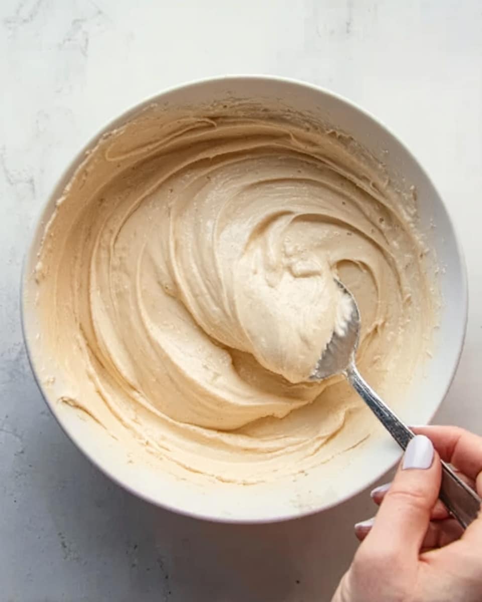 A close-up view of creamy mixture with a smooth, thick texture in a white bowl. The light beige batter has gentle swirls and soft peaks showing its fluffy consistency. A silver spoon is scooping the mixture from the middle, catching light reflections on its surface. On the right, a woman's hand with neatly trimmed nails is holding the bowl. The bowl rests on a white marbled surface. photo taken with an iphone --ar 4:5 --v 7