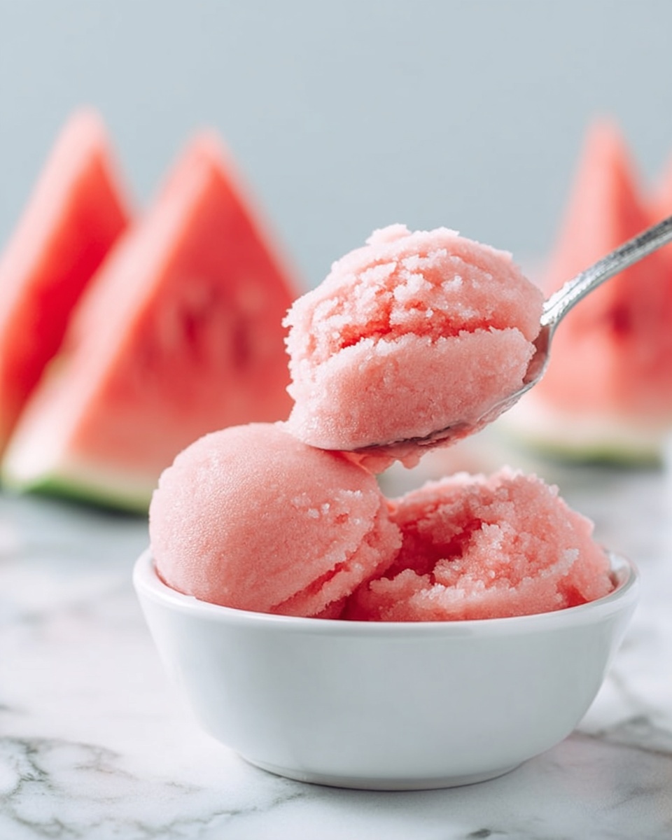 A white bowl filled with three scoops of light pink watermelon sorbet with a soft and creamy texture, held by a silver spoon lifting a scoop above the bowl. In the background, there are blurred triangular slices of watermelon showing pink flesh and green rind, all placed on a white marbled surface. photo taken with an iphone --ar 4:5 --v 7