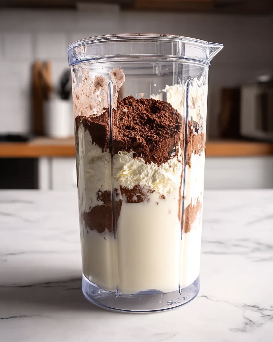 A clear blender cup on a white marbled surface shows two layers of ingredients inside, with the bottom layer a thick, white creamy substance filling about two-thirds of the cup's height, while a smaller top layer of dark brown powder sits unevenly on the white base. The cup is smudged with some cream around the inner walls, and the background is a kitchen setting slightly out of focus. Photo taken with an iphone --ar 4:5 --v 7