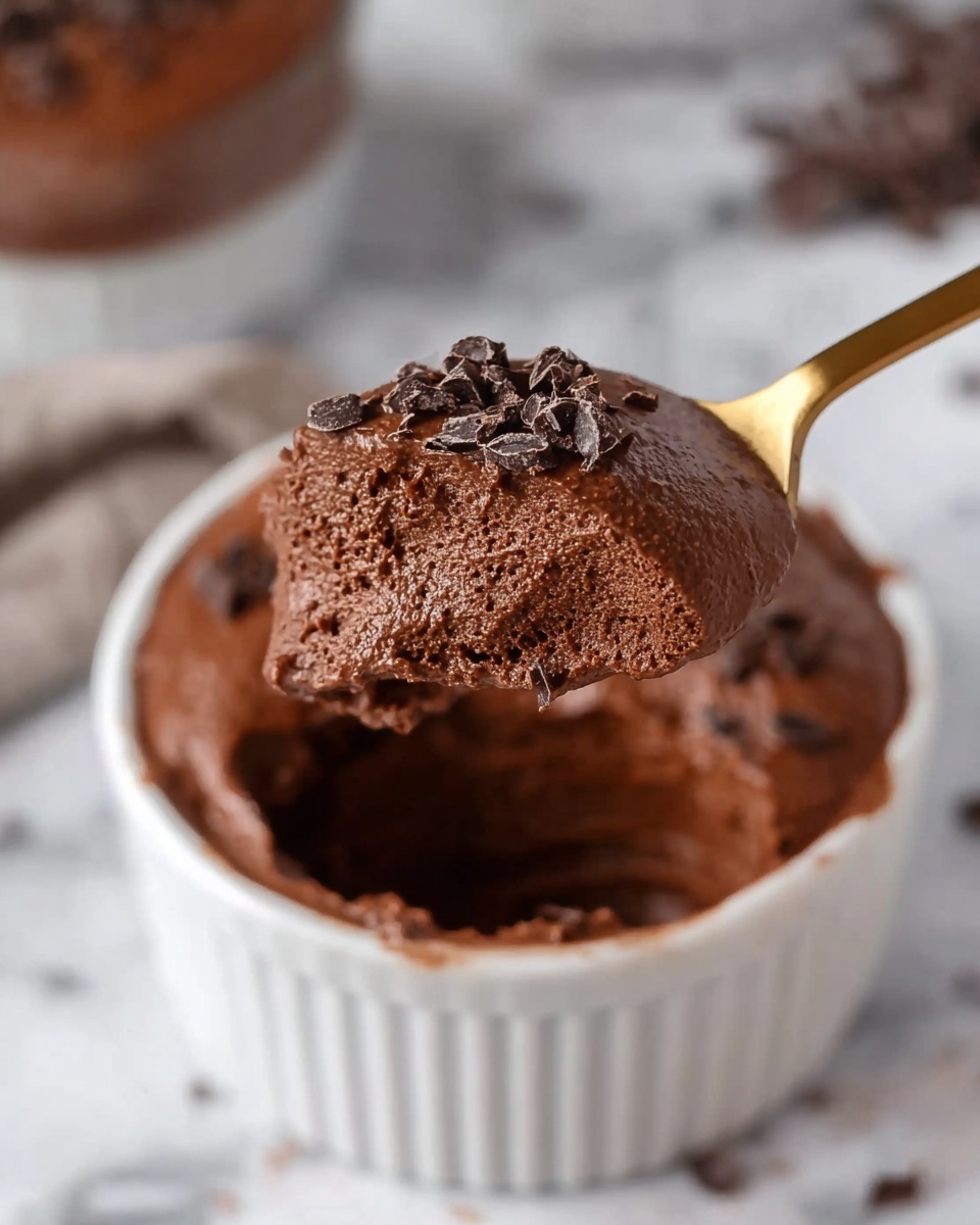 A close-up view of a white ramekin filled with rich, dark chocolate mousse that has a smooth, creamy texture with some light air bubbles visible. On top, there are fine chocolate shavings adding a slightly rough texture. A golden spoon holds a scoop of the mousse in the foreground, showing its thick, velvety consistency and shiny surface. The background is a soft white marble texture with some scattered small chocolate bits around the ramekin and blurred details. photo taken with an iphone --ar 4:5 --v 7