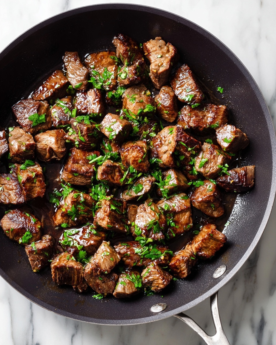 The image shows many pieces of cooked meat cubes with a browned, slightly shiny surface, showing light grill marks. The meat is covered in a light brown sauce that glistens and pools slightly under the cubes. Bright green chopped fresh herbs are sprinkled evenly over the meat, adding color contrast. The meat pieces are arranged closely together in a pan with a dark background around the edges. The texture of the meat looks tender and juicy, with some pieces having a slight crust on the sides. photo taken with an iphone --ar 4:5 --v 7