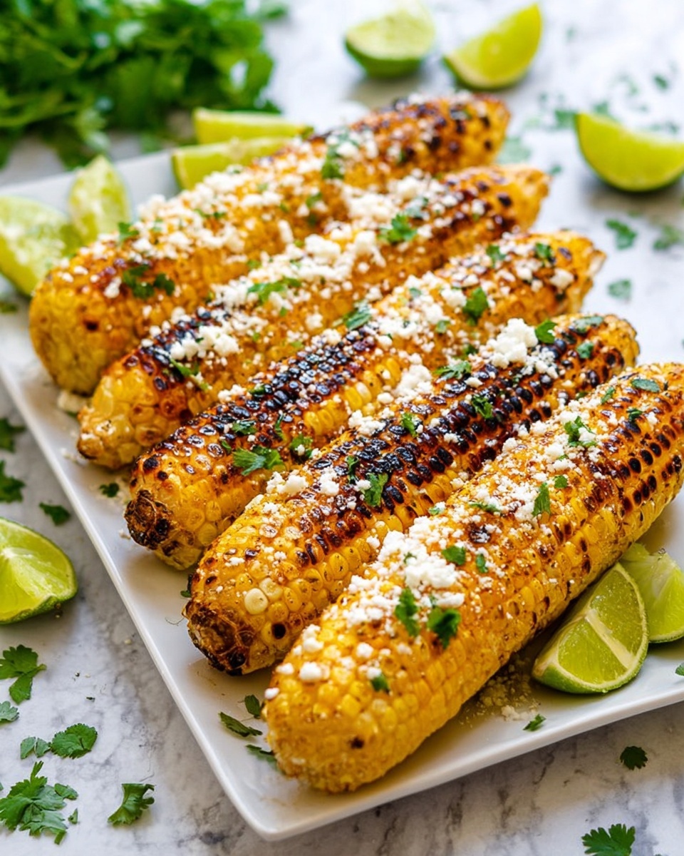 The image shows four whole grilled corn cobs lined up close to each other on a white plate, placed on a white marbled surface. Each corn cob has charred brown and black grill marks on the bright yellow kernels. They are covered with a layer of white crumbly cheese and small green parsley leaves scattered on top, adding a fresh color contrast. The cheese crumbs are unevenly spread, showing the corn kernels clearly. photo taken with an iphone --ar 4:5 --v 7