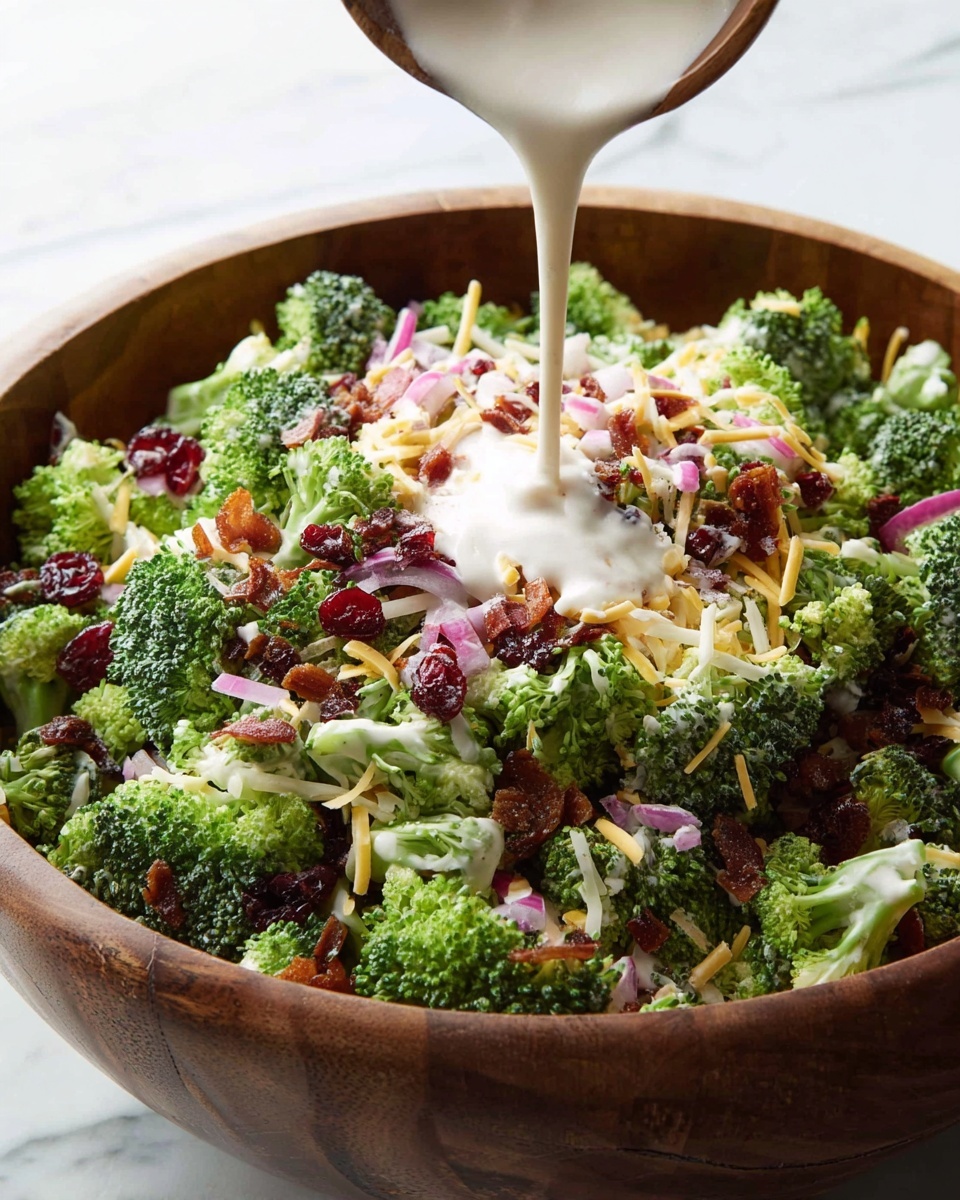 A large wooden bowl filled with a broccoli salad that has bright green broccoli florets as the base layer. Scattered on top are small pieces of crispy bacon in reddish-brown, shredded pale yellow cheese, chopped red onions, and dark red dried cranberries. A creamy, white dressing is being poured over the center of the salad, creating a soft, smooth texture that contrasts with the chunky salad layers. The bowl rests on a white marbled surface. photo taken with an iphone --ar 4:5 --v 7