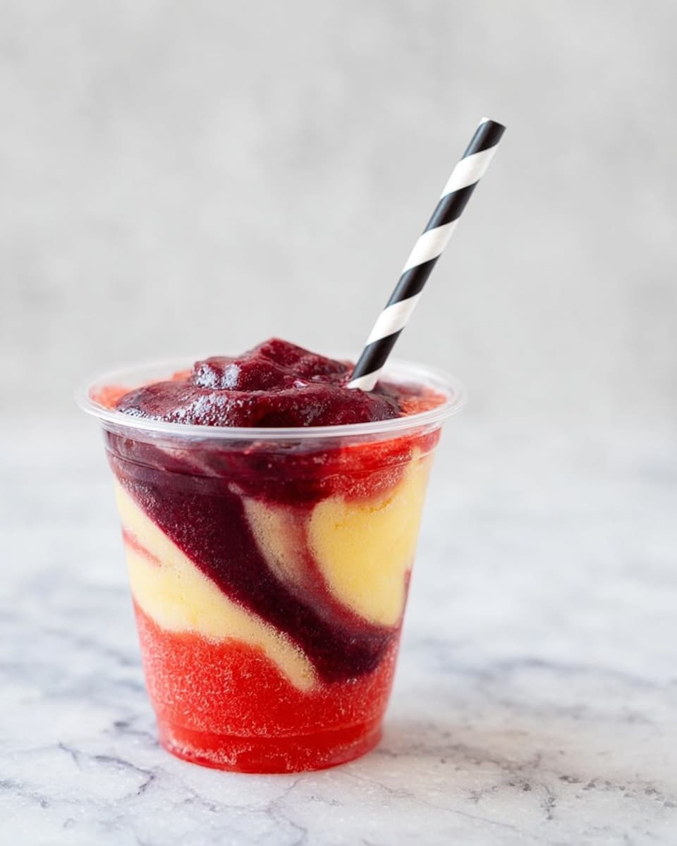 The image shows a clear plastic cup with three layers inside, placed on a white marbled surface. The bottom layer is a bright red frozen mix with a smooth but slightly icy texture. Above it is a pale yellow creamy layer that looks soft and smooth. On top of the yellow is another layer of red frozen mix, swirled with a deep dark purple paste that has a thick and dense texture. A black and white striped paper straw is inserted in the top, standing upright in the cup. The colors and textures swirl together, creating a vivid and refreshing look. Photo taken with an iphone --ar 4:5 --v 7