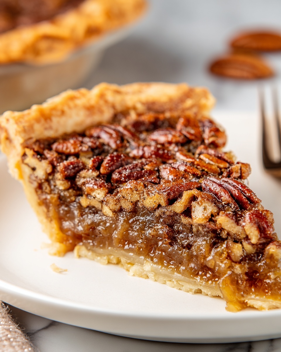 A slice of pecan pie with three visible layers: a flaky, light golden-brown crust layer around the edge and bottom, a thick, glossy, deep amber filling layer in the middle that looks sticky and sweet, and a top layer covered densely with whole and chopped pecans that are toasted brown and shiny. The slice sits on a white plate with a white marbled surface underneath, and a single pecan is blurred in the background. A hint of a fork is visible on the top right side of the image. Photo taken with an iphone --ar 4:5 --v 7
