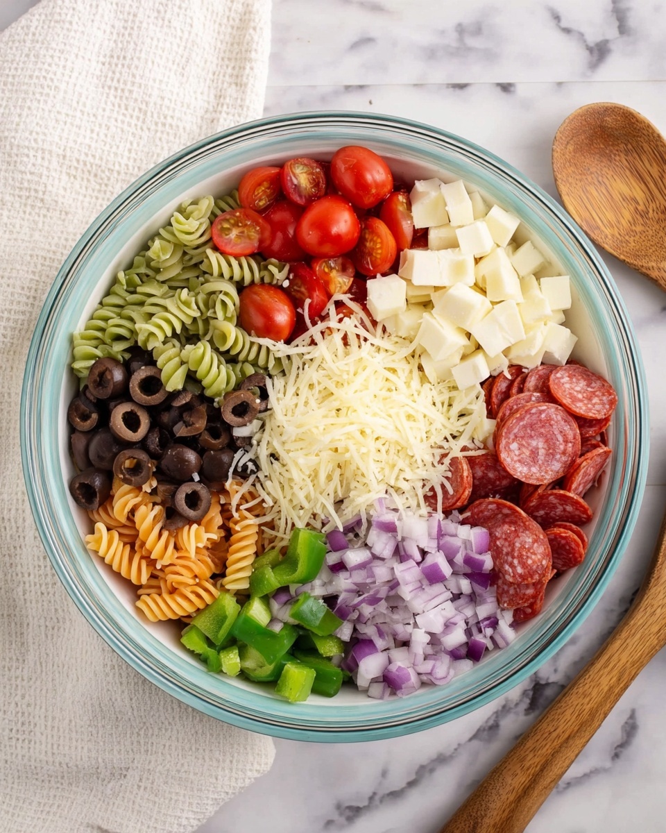 A white bowl with a light blue rim holds a colorful layered salad. At the base, there are tri-colored spiral pasta pieces in green, orange, and cream. On top, the layers go clockwise starting with white cubed cheese, sliced black olives, halved red cherry tomatoes, chopped green bell peppers, diced purple onions, and thinly sliced pepperoni. In the center, there is a pile of white shredded cheese. The bowl sits on a white marbled surface with a white towel to the left and a wooden spoon to the right. Photo taken with an iphone --ar 4:5 --v 7