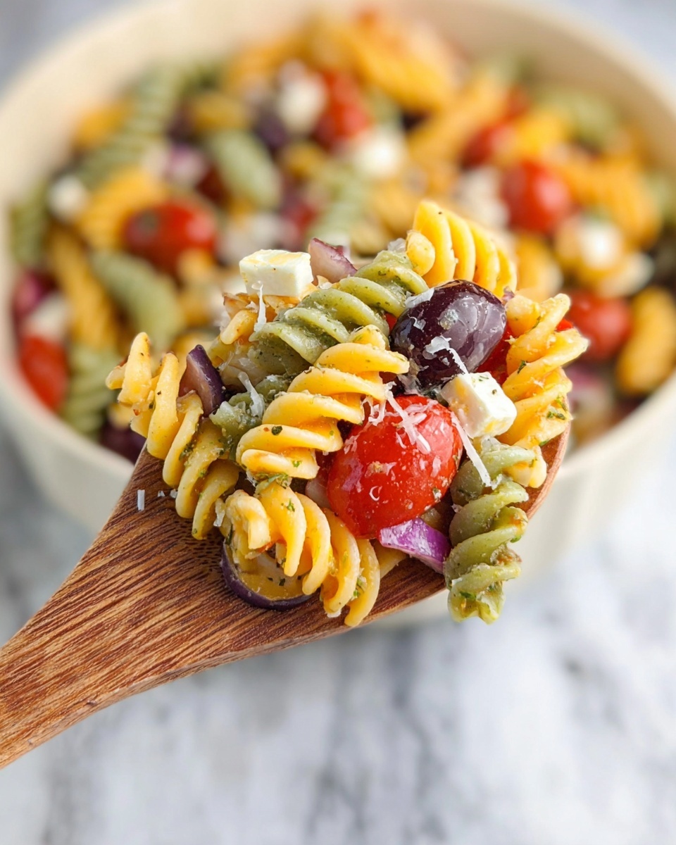 A close-up of a wooden spoon holding a mix of three-colored spiral pasta: yellow, green, and orange. The pasta is mixed with red cherry tomatoes, small white cheese cubes, black olive slices, green pepper pieces, and small purple onion cubes, all lightly covered with grated cheese and herbs, creating a textured and colorful look. The background shows a large white bowl filled with the same pasta salad. The setting includes a white marbled surface underneath. Photo taken with an iphone --ar 4:5 --v 7