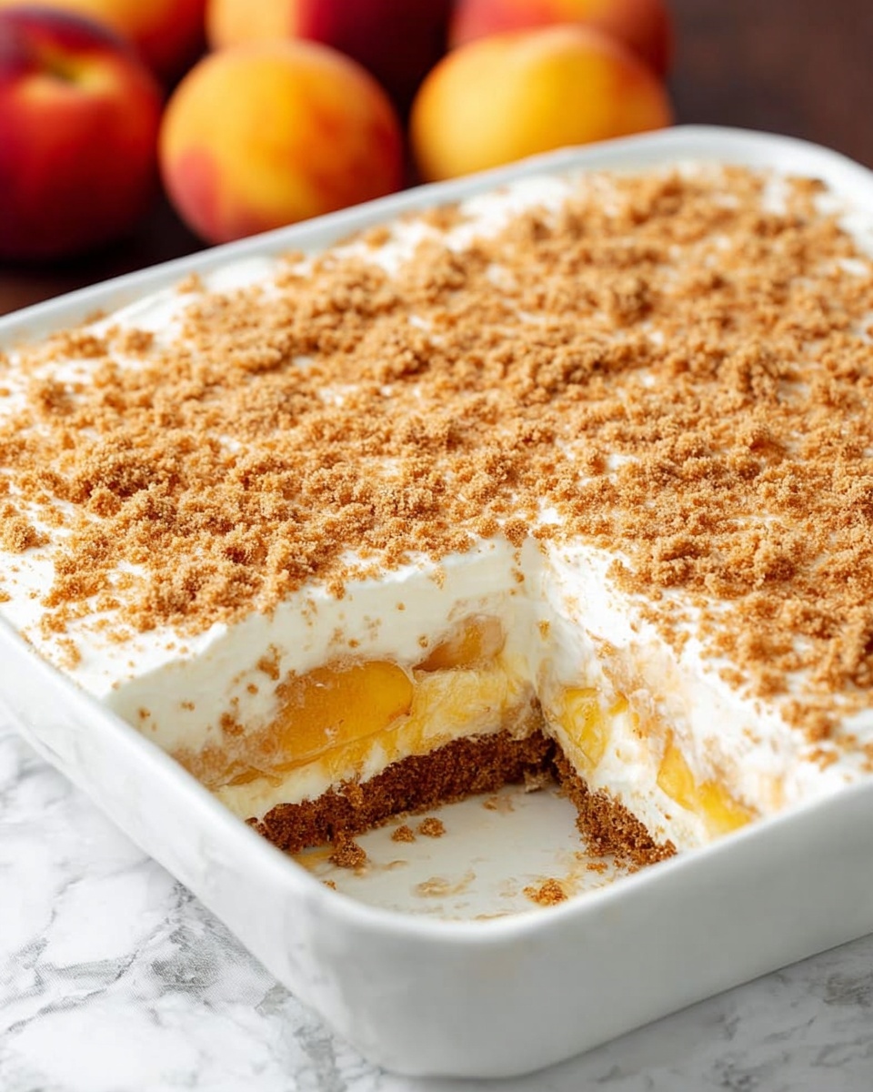 The image shows a white square baking dish with a layered dessert inside. The bottom layer is a thick, crumbly brown crust that fills the base evenly. Above it is a layer of light yellow fruit mixed in a creamy filling, visible because a portion of the dessert has been removed from one corner. The top layer is a thick white cream spread smoothly across the dish, sprinkled generously with a fine, crumbly brown topping. The dessert sits on a white marbled surface with some blurred whole peaches in the background, giving a fresh and inviting look. photo taken with an iphone --ar 4:5 --v 7