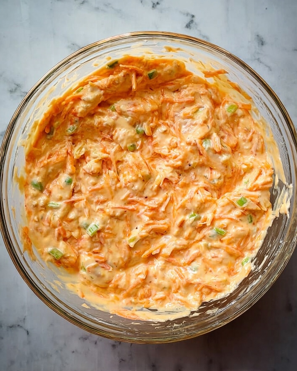 A clear glass bowl filled with a thick, creamy mixture that is orange in color with visible pieces of shredded white and orange vegetables, along with small green bits scattered throughout. The texture looks smooth but with chunks evenly spread in the mixture, giving it a slightly lumpy appearance. The bowl sits on a surface with a white marbled texture. photo taken with an iphone --ar 4:5 --v 7