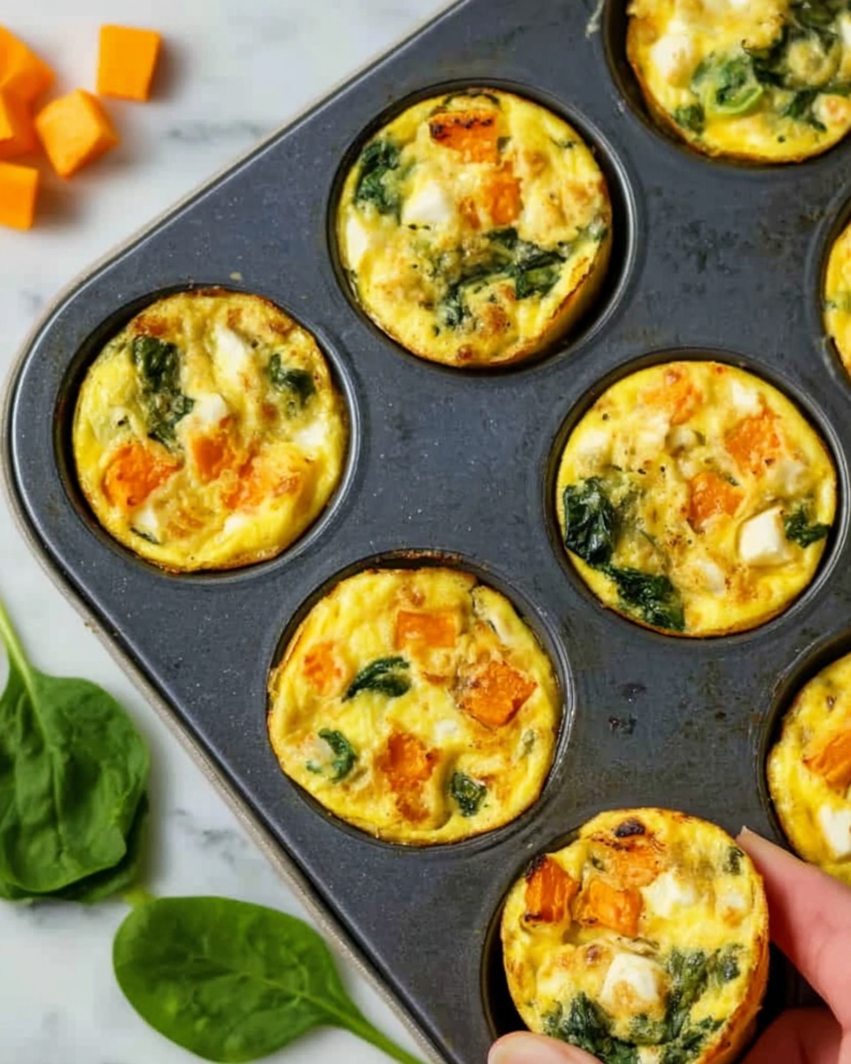 The image shows a stack of three round egg muffins on a white plate, each muffin having a light golden-brown crust at the bottom, a fluffy white egg layer mixed with green spinach pieces in the middle, and topped with melted bright orange cheddar cheese. The top muffin has a bite taken out, revealing the soft, moist texture inside. Next to the stack is a white square dish holding two fresh red strawberries, and beside the plate is a silver fork resting partly on the plate. The surface beneath is a white marbled texture with a fringed blue and white cloth beneath the plate, and in the background, there is another white plate with a single egg muffin. Photo taken with an iphone --ar 4:5 --v 7