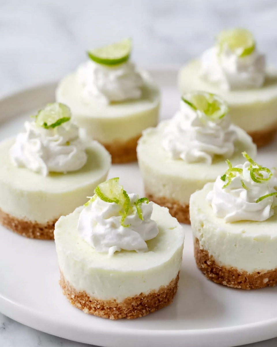 Five small cheesecakes are shown on a white plate placed on a white marbled surface. Each cheesecake has two clear layers: the bottom layer is a light brown crumbly crust, and the top layer is a smooth, creamy white filling. On top of each cheesecake is a small dollop of white whipped cream with thin green lime peel curls as decoration. The overall look is clean and fresh with soft natural light. Photo taken with an iphone --ar 4:5 --v 7