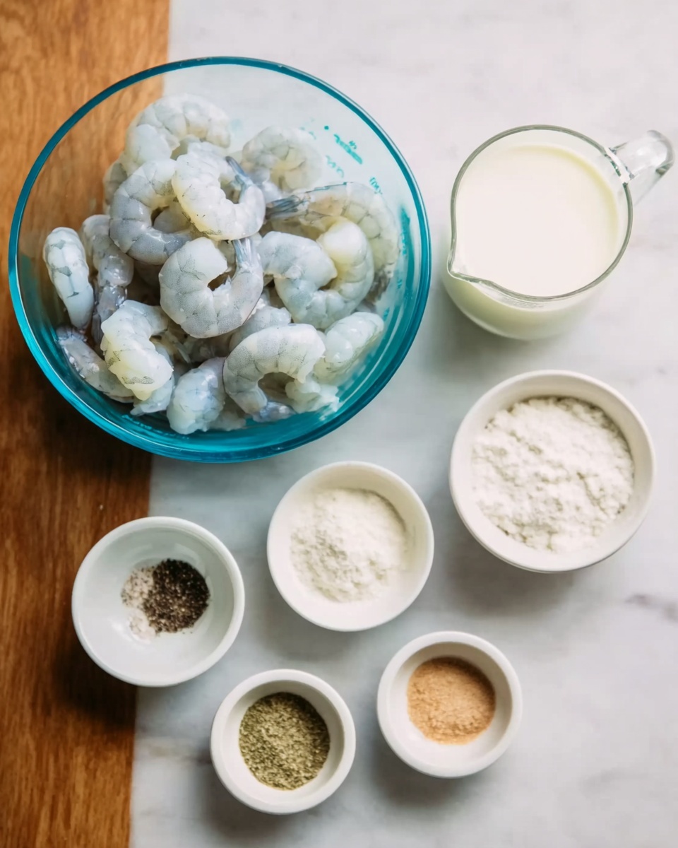 A clear glass bowl filled with raw shrimp is placed on a white marbled surface. Next to it, there is a clear measuring cup with white milk and a white bowl holding white powder. Surrounding these, there are four small white bowls arranged in a semicircle containing black pepper, salt, light brown powder, and a slightly darker brown powder. All items are neatly arranged on the white marbled background. Photo taken with an iphone --ar 4:5 --v 7