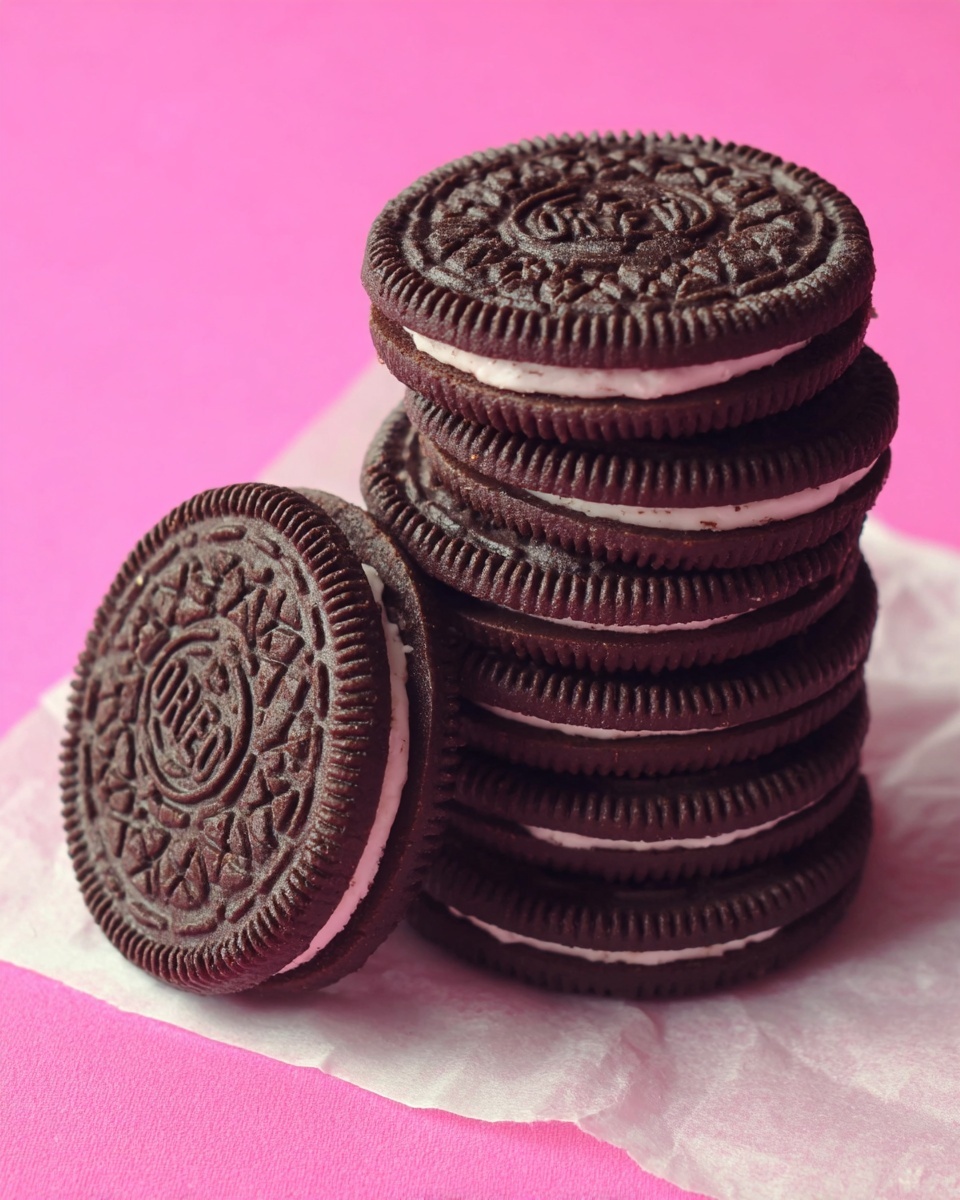 A stack of chocolate sandwich cookies with dark, textured biscuit layers on top and bottom, and a thin layer of white cream filling in the middle. The cookies are neatly lined up on a piece of white wax paper, placed on a bright pink surface with a soft light reflection. The top cookie shows the detailed embossed design and the word