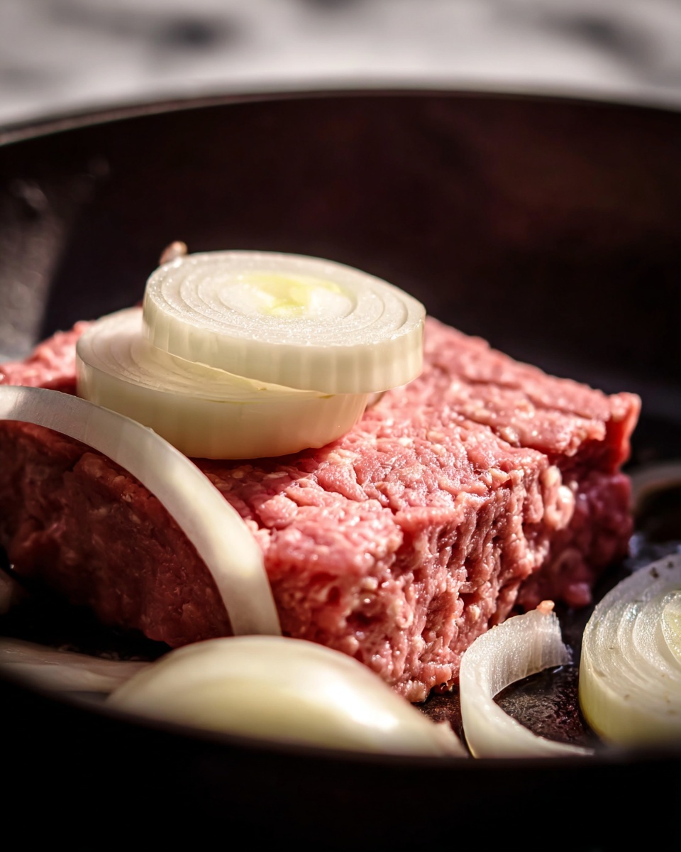 The image shows a close-up of a raw, thick square of pink ground meat placed in a dark pan, with visible texture and cracks on the surface. On top of the meat, there are several pale white onion slices stacked loosely, with some onion slices also scattered around the meat inside the pan. The light hits the scene from the side, highlighting the meat's texture and the translucent quality of the onions. The pan's dark interior contrasts with the pale colors of the meat and onions, and the background has a soft blur with a white marbled texture visible at the edges. Photo taken with an iphone --ar 4:5 --v 7