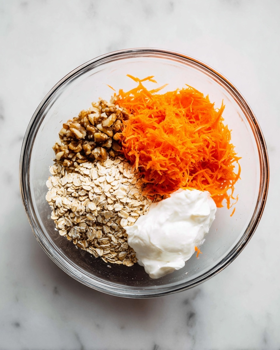 A clear glass bowl placed on a white marbled surface holds four separate layers of ingredients. On the left side, there are small chopped brown nuts with a rough texture. Next to it, slightly to the right, there is a heap of light brown rolled oats. Above these oats, there is a bright orange mound of finely shredded carrots. On the lower right side of the bowl, there is a dollop of white, fluffy cream or yogurt. The layers are distinct and do not mix, showing clear color and texture differences. Photo taken with an iphone --ar 4:5 --v 7