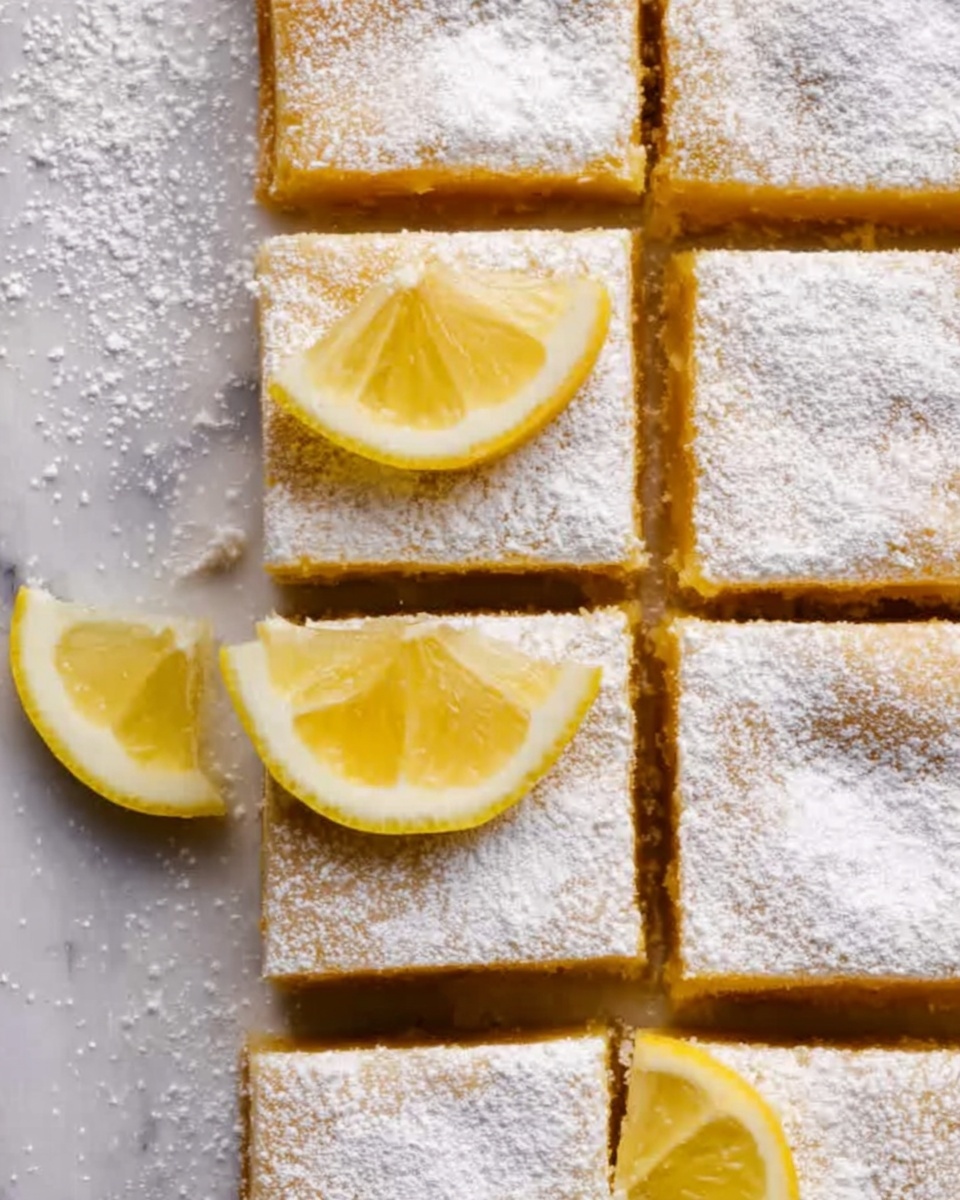 The image shows a white marbled surface with nine square lemon bars arranged tightly in a grid, each piece topped with a dusting of powdered sugar that covers the surface evenly, giving a soft white texture. Two lemon wedges, bright yellow with a slightly translucent look, sit on top of two lemon bars, adding a fresh and vibrant contrast to the pale powdered sugar. One square piece is missing from the top left corner, revealing the smooth, golden yellow layer of lemon filling beneath a thin, light crust. The bars have straight edges with a slightly crumbly texture around the sides. Photo taken with an iphone --ar 4:5 --v 7