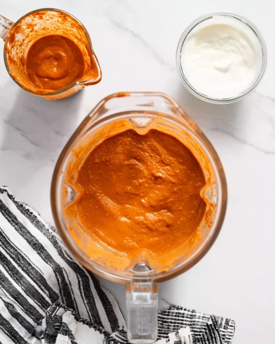The image shows a clear glass blender jar filled with a thick, smooth orange sauce with some darker specks, suggesting blended spices and cooked onions. To the top left is a small glass pitcher with an orange liquid residue inside, likely tomato sauce or paste, and to the top right is a small glass measuring cup filled with white heavy cream. All items are placed on a white marbled surface with a black and white striped cloth partially visible in the lower left corner. The lighting is bright and natural, highlighting the creamy texture and vibrant color of the sauce inside the blender jar. photo taken with an iphone --ar 4:5 --v 7