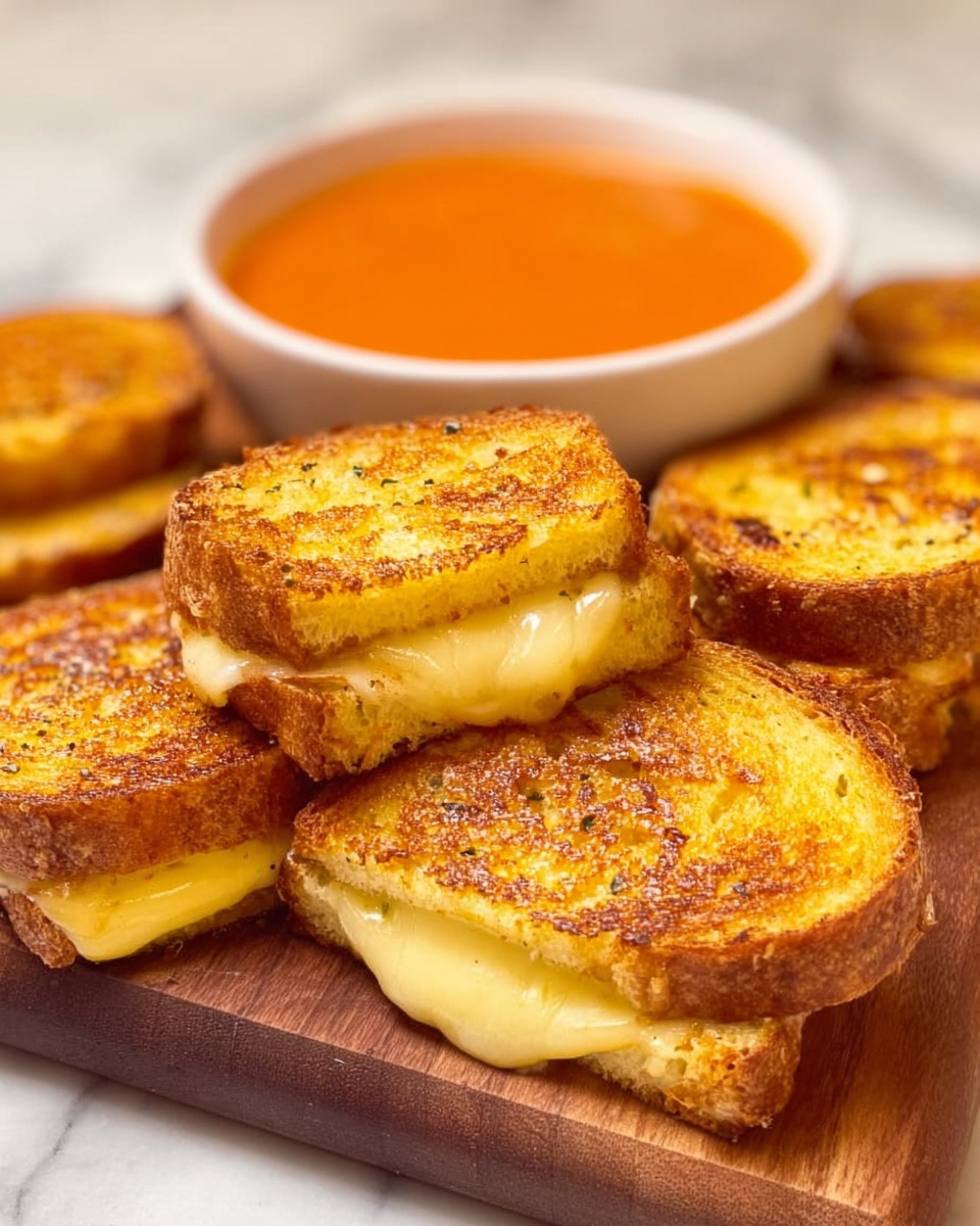 A wooden board holds several small grilled cheese sandwiches, each made of two golden brown toasted bread slices with melted cheese oozing slightly from the edges. The sandwiches have a warm, crispy texture with some small darker toasted spots on top. Behind the sandwiches is a white bowl filled with a smooth, bright orange soup, likely tomato soup, adding a vibrant contrast to the rich yellow and brown tones of the grilled cheese. The scene is set on a white marbled surface, giving a clean, fresh look. Photo taken with an iphone --ar 4:5 --v 7