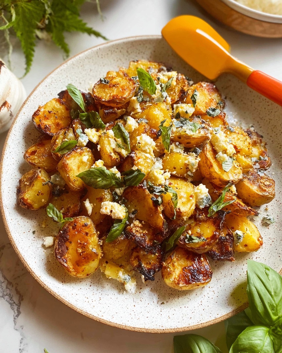 The dish shows a single layer of golden roasted potato pieces on a white speckled plate. The potatoes have a crispy brown roasted texture with some creamy white cheese crumbled over them. Light green thinly sliced basil leaves are scattered on top, adding fresh color. The plate sits on a white marbled surface with some green leaves and an orange-handled utensil nearby. The lighting is warm, highlighting the texture and colors of the food. Photo taken with an iphone --ar 4:5 --v 7