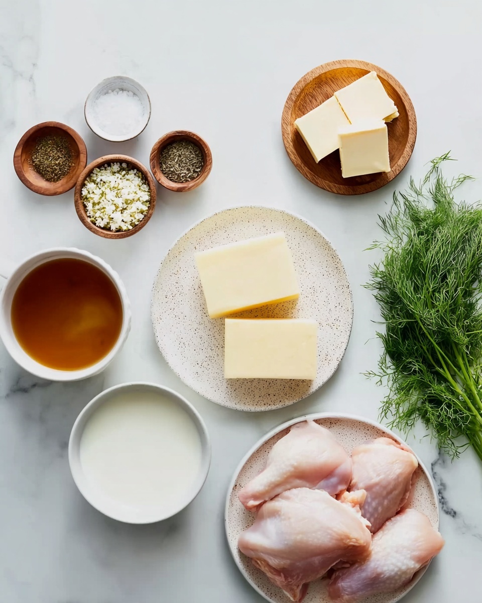 The image shows various ingredients arranged on a white marbled surface. On the left side, there is a small white bowl with brown liquid, and nearby are small wooden bowls filled with a mix of spices, salt and pepper, and a white powder. At the center, there is a white speckled plate holding two blocks of pale yellow cheese. On the top right, two cubes of butter rest on a small white plate, next to a bunch of fresh green dill on a tiny wooden bowl. Below that, a white bowl is filled with a white liquid, and to the bottom right, a white speckled plate contains several raw pink chicken thighs. The setup is neat and bright, emphasizing fresh and simple cooking elements photo taken with an iphone --ar 4:5 --v 7