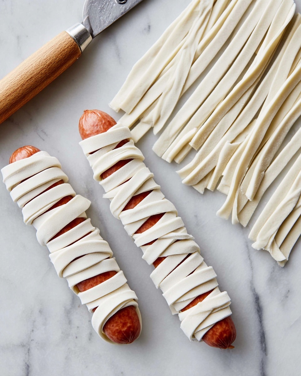 The image shows two sausages wrapped with white dough strips, placed on a white marbled surface. Above them, there is a pile of thin dough strips neatly lined up and two longer dough strips side by side. A pizza cutter with a wooden handle is resting on the top left corner of the surface. The dough strips are smooth and soft in texture, creating a wrapped look around the reddish-brown sausages. photo taken with an iphone --ar 4:5 --v 7