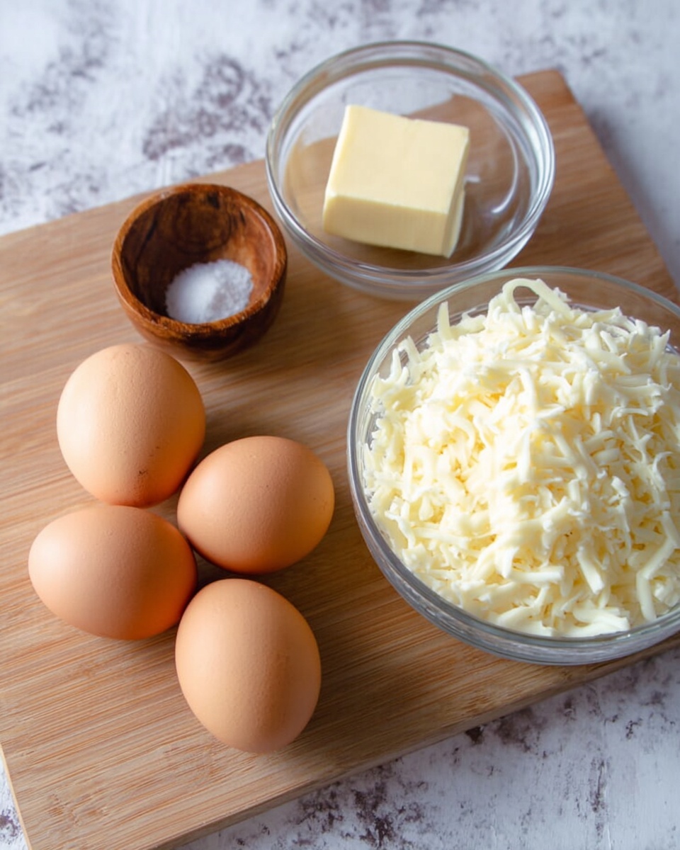 The image shows four brown eggs arranged in a loose cluster on a wooden surface, next to a small clear glass bowl with a square piece of butter inside it. Nearby, a small wooden bowl contains a small pile of white salt. On the right side of the image, a large clear glass bowl is filled with a lot of white shredded cheese. The background is a white marbled surface. The items are spaced out simply and clearly with natural light. photo taken with an iphone --ar 4:5 --v 7